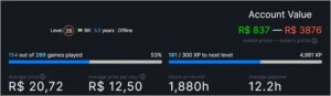 Steam LVL26 - +100 reais no Inventário | 183 Jogos