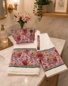 Kit Toalhas Floral Rosê com Necessaire e Lixa - Artesanato e Personalizados