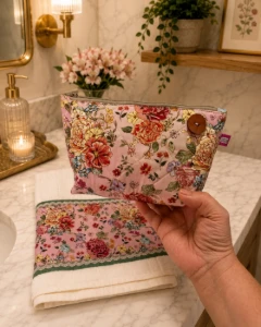 Kit Toalhas Floral Rosê com Necessaire e Lixa - Artesanato e Personalizados