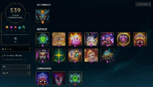 Conta com 689 skin's, 500 emotes e 539 icones. - League of Legends LOL