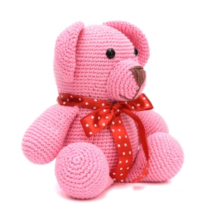 Urso Rosa Laço Vermelho Amigurumi - Artesanato e Personalizados