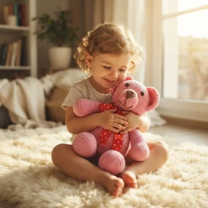 Urso Rosa Laço Vermelho Amigurumi - Artesanato e Personalizados