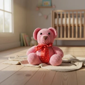 Urso Rosa Laço Vermelho Amigurumi - Artesanato e Personalizados