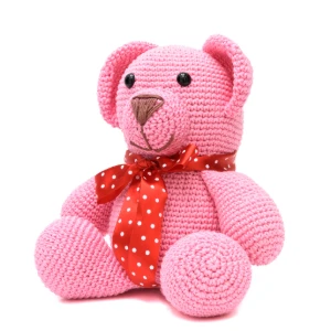 Urso Rosa Laço Vermelho Amigurumi - Artesanato e Personalizados