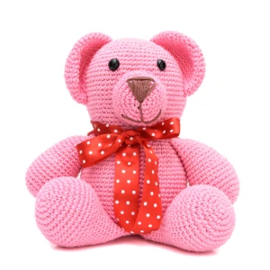 Urso Rosa Laço Vermelho Amigurumi - Artesanato e Personalizados
