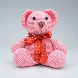 Urso Rosa Laço Vermelho Amigurumi - Artesanato e Personalizados