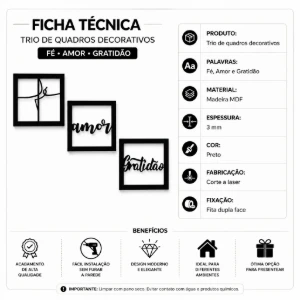 Kit 3 Quadros Fé Amor Gratidão em MDF Preto 25 cm - Artesanato e Personalizados