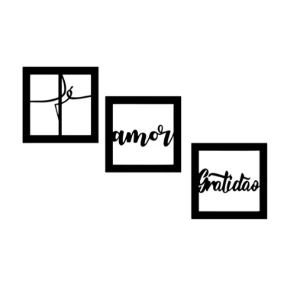 Kit 3 Quadros Fé Amor Gratidão em MDF Preto 25 cm - Artesanato e Personalizados