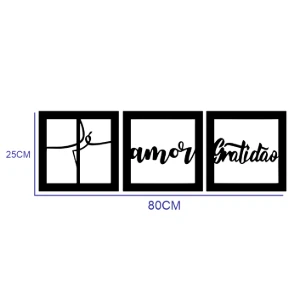Kit 3 Quadros Fé Amor Gratidão em MDF Preto 25 cm - Artesanato e Personalizados
