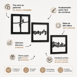 Kit 3 Quadros Fé Amor Gratidão em MDF Preto 25 cm - Artesanato e Personalizados