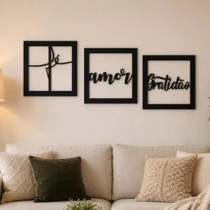 Kit 3 Quadros Fé Amor Gratidão em MDF Preto 25 cm