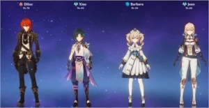 AR41 Diluc + Jean + Xiao e outros personagens 4 estrelas - Genshin Impact