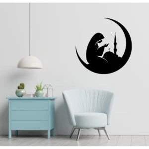 Quadro Circular Mulher em Oração em MDF Preto