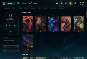 Conta unranked (ex bronze) com 120 Champs e 83 Skins - League of Legends LOL