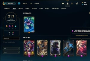 Conta ouro 1 com 123 Champs e 213 Skins + 3 Prestigios - League of Legends LOL