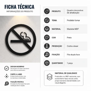 Placa Proibido Fumar em MDF Preto 15 x 15 cm - Crafts and Personalized