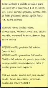 RP 239 + EK 60 skill 104 - 15% Loyalty - raros/outfits - Tibia