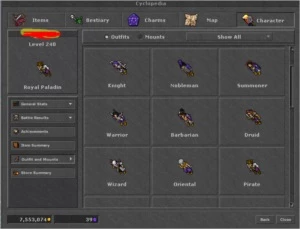 RP 239 + EK 60 skill 104 - 15% Loyalty - raros/outfits - Tibia