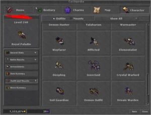 RP 239 + EK 60 skill 104 - 15% Loyalty - raros/outfits - Tibia