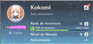 Conta AR11 Kokomi + Fumestu Gekka + 30 Invocações - Genshin Impact