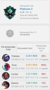 Conta platina 2 smurf 88%WR 20k EA - League of Legends LOL