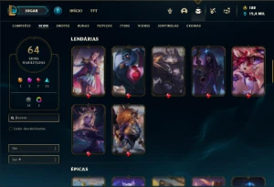 Conta ouro 4 com 80 Champs e 64 Skins ( MAIN SUP ) - League of Legends LOL
