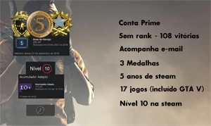 Steam Level 10, CSGO Prime, Medalha 2017, 17 jogos com GTA V - Counter Strike