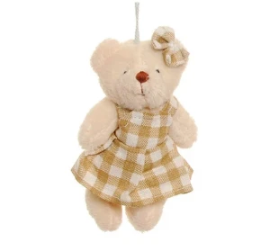Ursinha com Vestido Xadrez - Branco/Bege (10 cm) - Artesanato e Personalizados