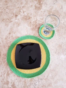 Kit Sousplat e Porta Copo Brasil em Crochê - Artesanato e Personalizados