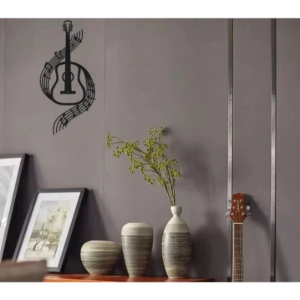 Violão com Notas Musicais em MDF Preto 43 x 20 cm - Artesanato e Personalizados