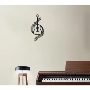 Violão com Notas Musicais em MDF Preto 43 x 20 cm - Artesanato e Personalizados
