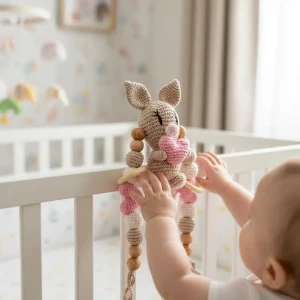 Enfeite Berço Amigurumi Coelhinho Coração Artesanal Bebê - Artesanato e Personalizados