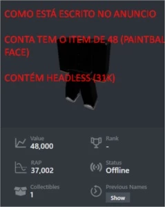 CONTA DE ROBLOX (CONTÉM HEADLESS, ITEM LIMITED DE 48K)