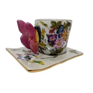 Xícara de Porcelana com Pires - Borboleta e Ouro - Artesanato e Personalizados