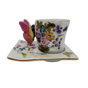 Xícara de Porcelana com Pires - Borboleta e Ouro - Artesanato e Personalizados
