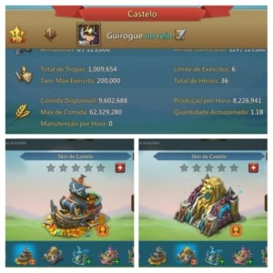 Conta t4 com 300k de gemas, 2 skins de castelo top - Lords Mobile