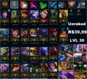 Conta LVL 30 Unranked 8 Skins 26 Champs - League of Legends LOL