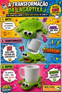 Porta copo lagartixa de crochê - Artesanato e Personalizados