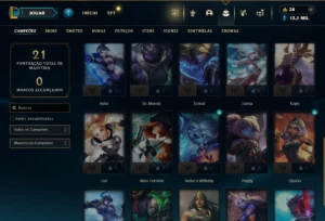 Ouro 1 com 30 Champs e 9 Skins - League of Legends LOL