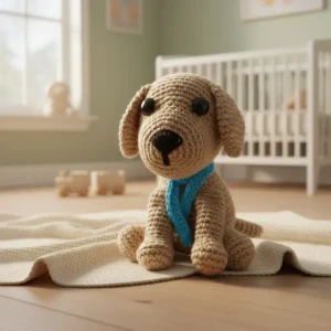 Cachorro Castanho com Manta Azul em Amigurumi - Artesanato e Personalizados