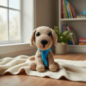 Cachorro Castanho com Manta Azul em Amigurumi - Artesanato e Personalizados
