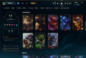 Ouro 1 com 90 Champs e 44 Skins ( ADC / JG / MID ) - League of Legends LOL