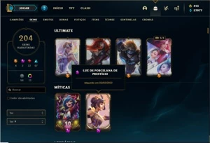 Conta Unranked com 93 Champs e 204 Skins + 1 Prestigio - League of Legends LOL