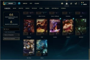 Conta mestre com 59% de win rate, 8 skins e 47 champs - League of Legends LOL