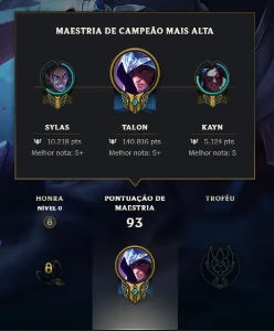 Conta Mestre Lol 60% Winrate 500 Pontos Skin Prestigio Talon - League of Legends