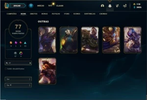 Conta Unranked com 116 Champs e 77 Skins + 6 Vitoriosas - League of Legends LOL