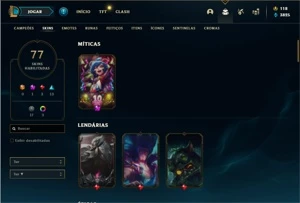 Conta Unranked com 116 Champs e 77 Skins + 6 Vitoriosas - League of Legends LOL
