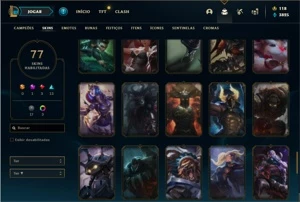 Conta Unranked com 116 Champs e 77 Skins + 6 Vitoriosas - League of Legends LOL