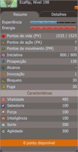 Ecaflip lvl 198 scroll em todos os stats Spiritia - Dofus