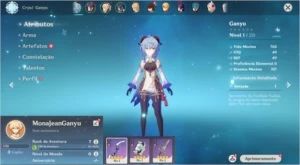 Conta Genshin Impact AR 7 com Ganyu, Mona e Jean